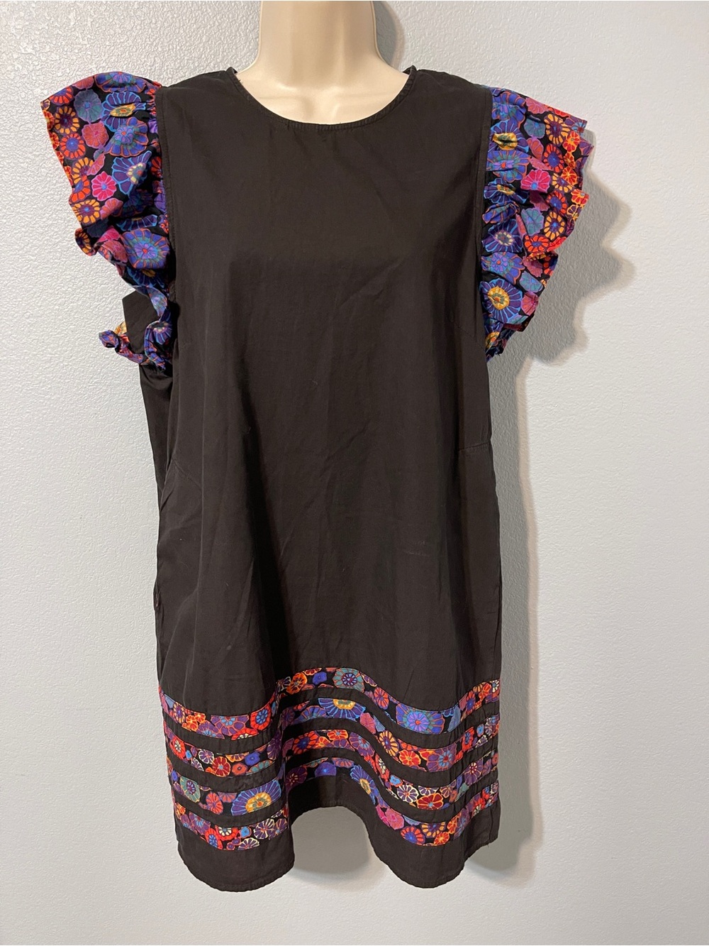 Anthropologie Blythe Black Floral Shift Dress Ruffle Sleeve Cotton Boho Medium